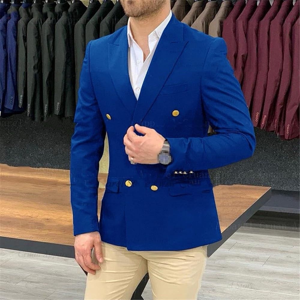 Successo Men's Classic Fitted Double Breasted Blue Blazer Gold Buttons Jacket